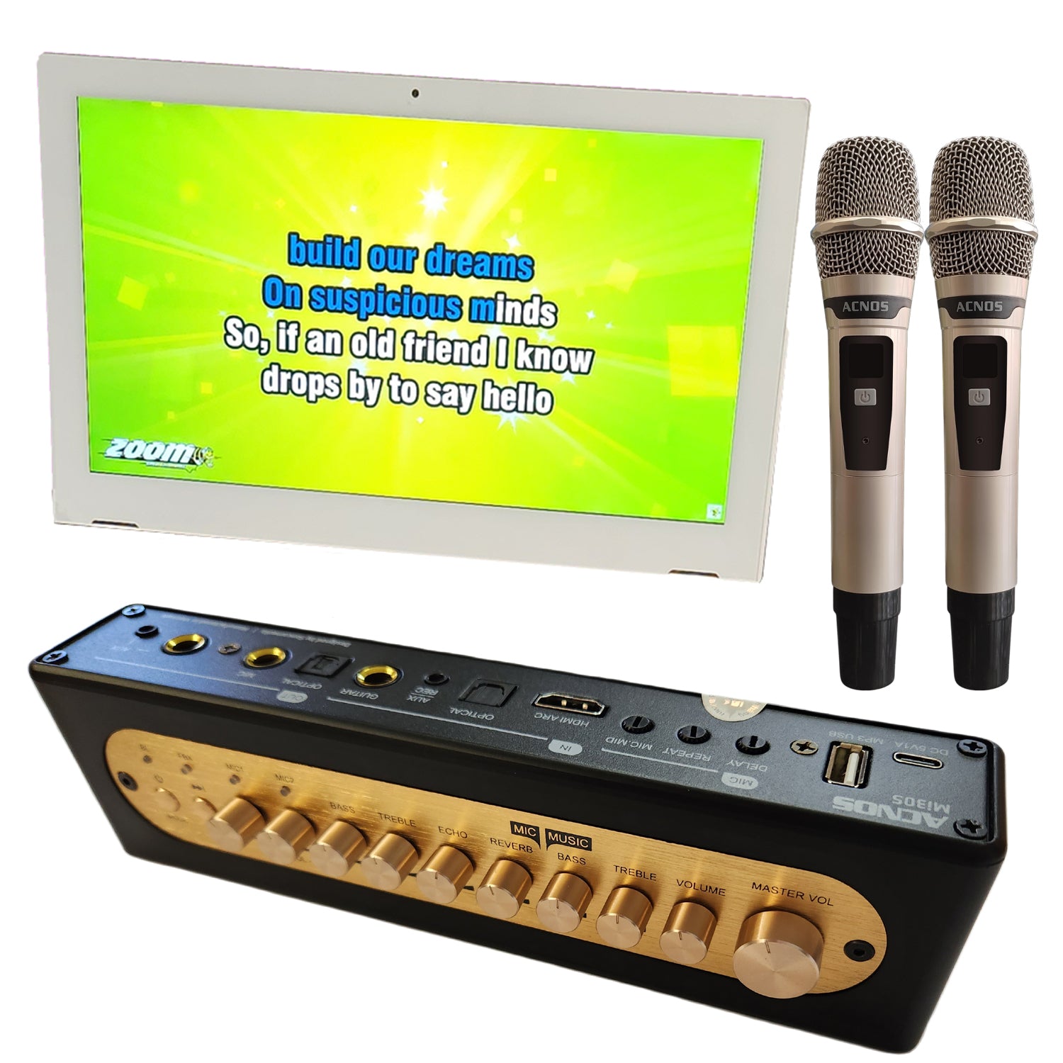 15.6" Karaoke Touch Screen System + ACNOS Mi - 30s Mixer (with 2 UHF Wireless Microphones) - Karaoke Home Entertainment