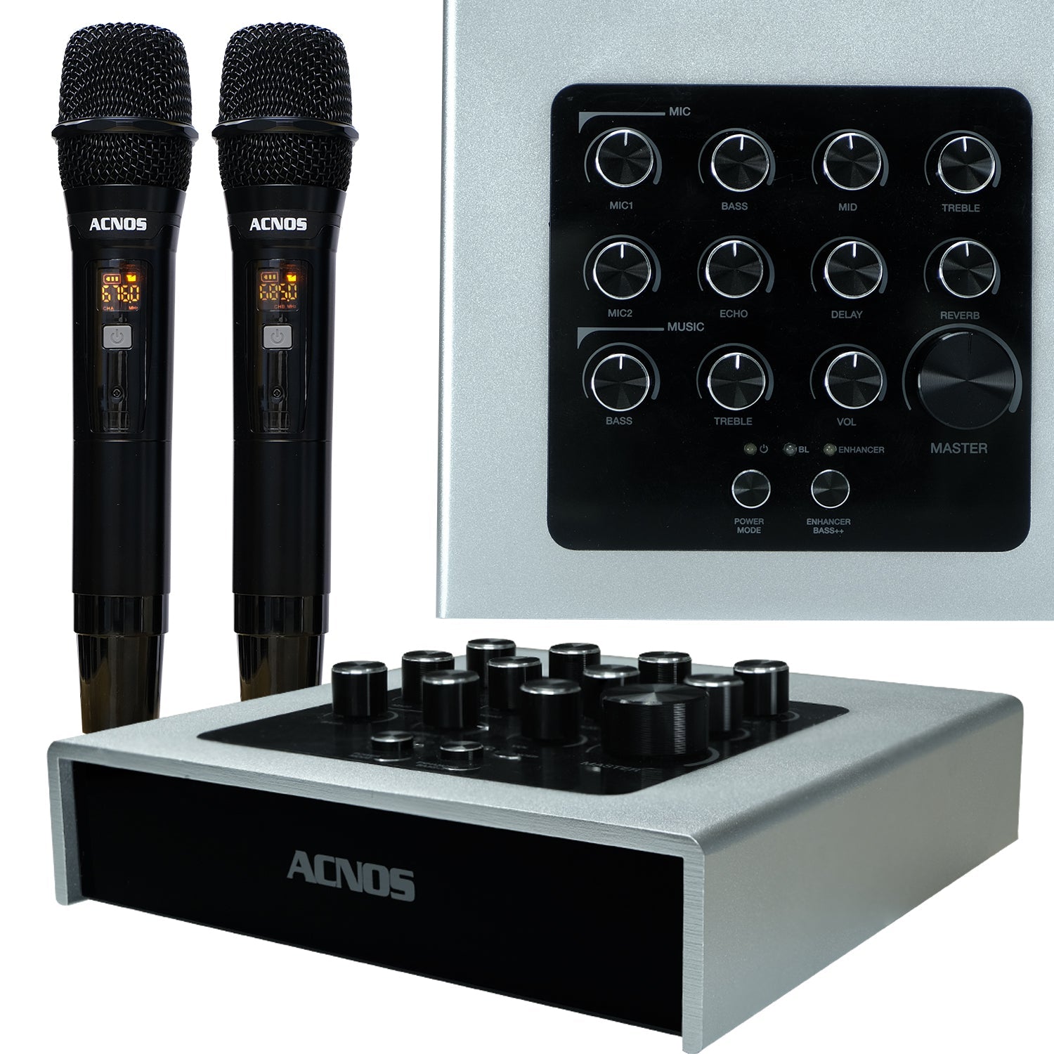 ACNOS Mi - 30u (Silver) Compact Portable Karaoke Enhancer Mixer + 2 UHF Wireless Microphones + Carry Bag - Karaoke Home Entertainment