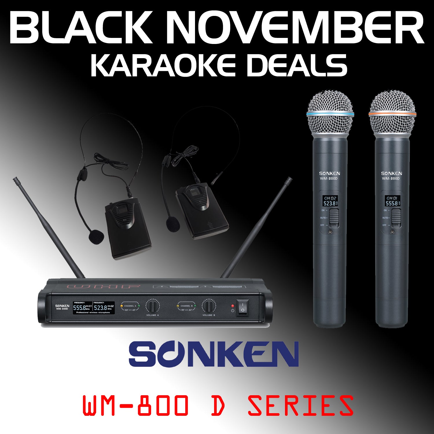 Sonken WM-800D Pro UHF Wireless Microphones (2) and (2) Body Packs + Headsets with Receiver Unit