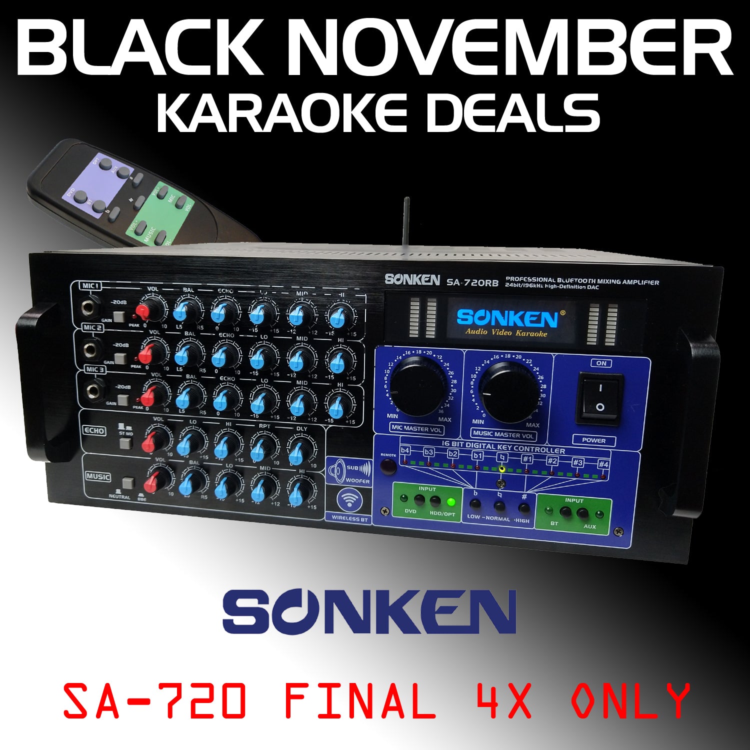 Sonken SA-720 Pro Series Karaoke Mixing Amplifier (950 Watts - RMS) + Bluetooth + Optical