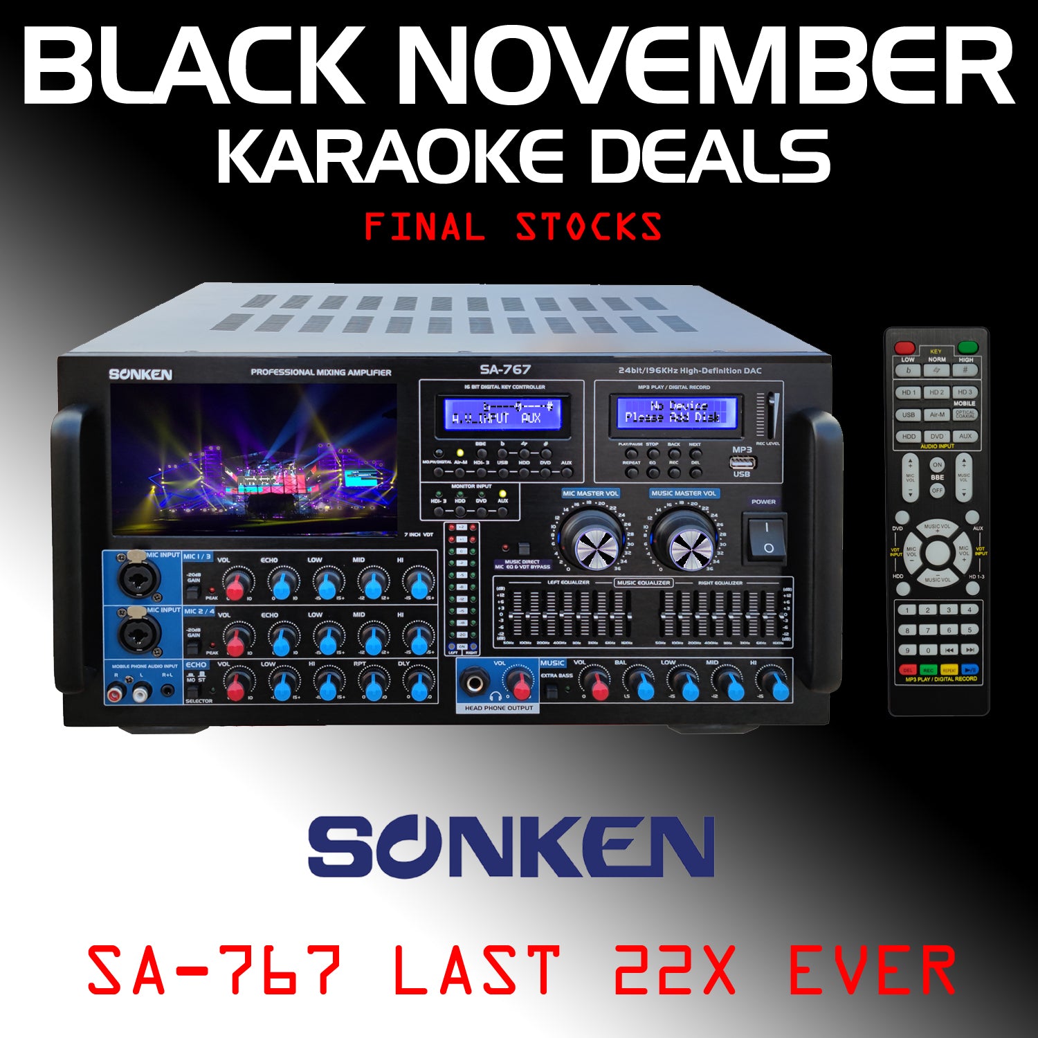 Sonken SA-767 Professional Series Karaoke Mixing Amplifier (1000 Watts - RMS) + USB Vocal + Music Record + Bluetooth