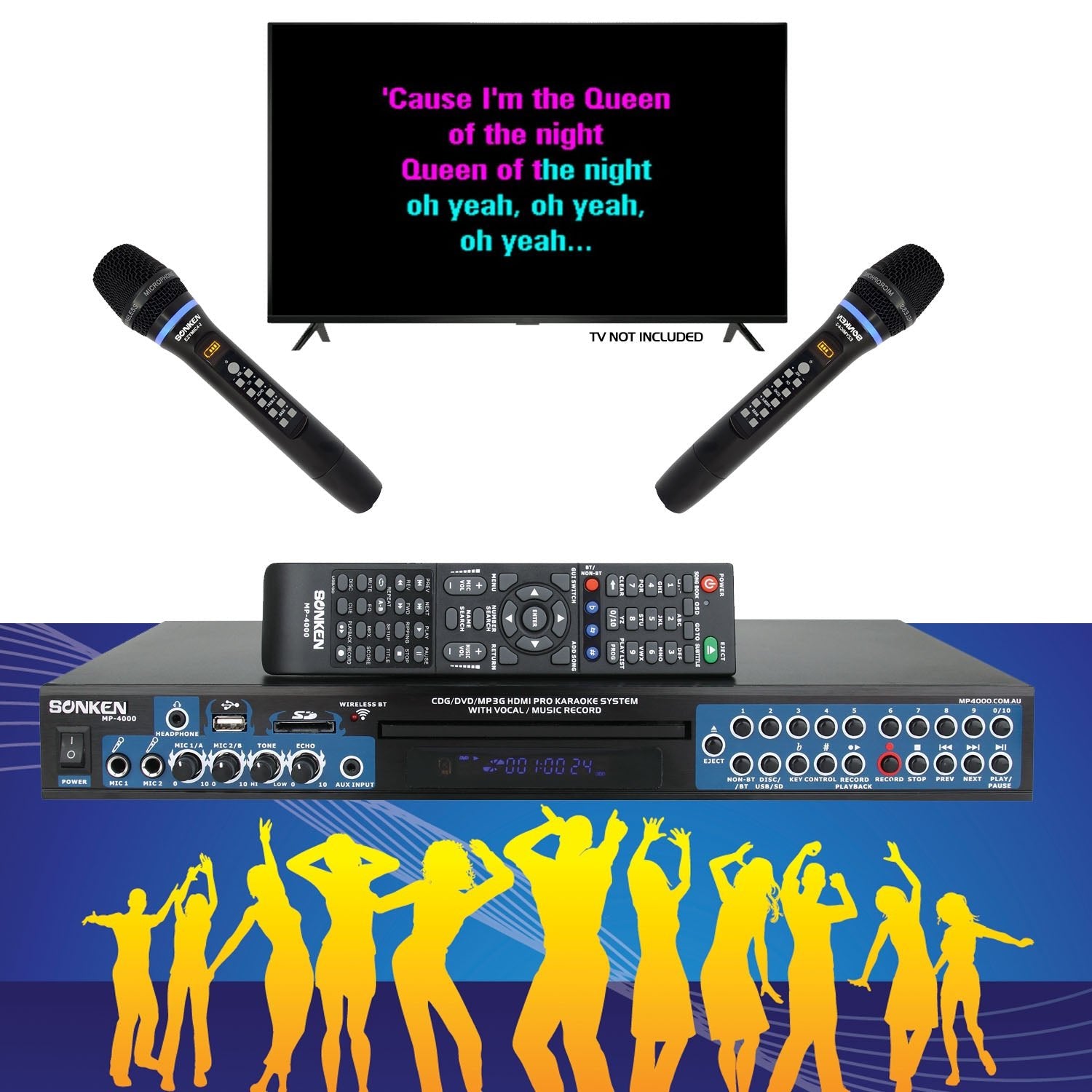 Sonken MP4000 Pro Karaoke Machine + 106 Songs + 2 Wireless Microphones - Karaoke Home Entertainment