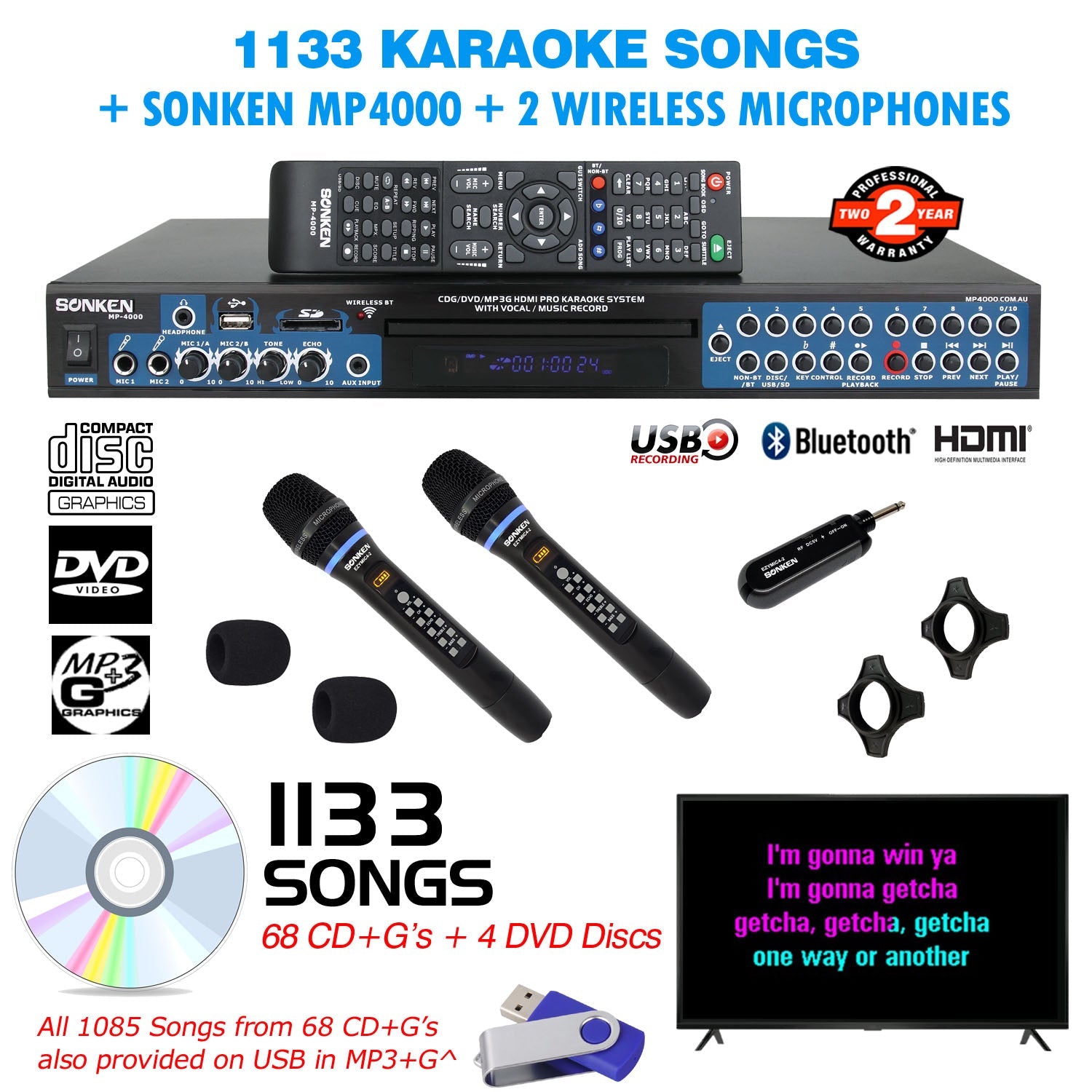 Sonken MP4000 Pro Karaoke Machine + 1133 Songs + 2 Wireless Microphones - Karaoke Home Entertainment