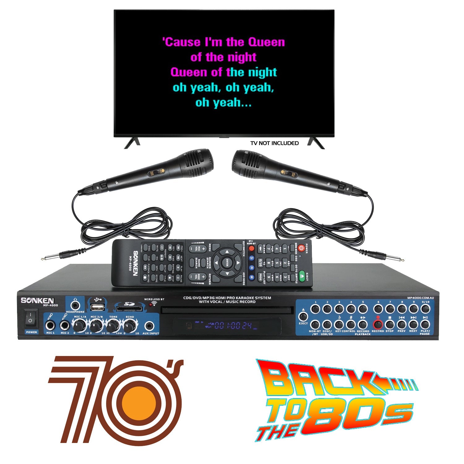 Sonken MP4000 Pro Karaoke Machine + 420 Songs from the 70's & 80's + 2 Wired Microphones - Karaoke Home Entertainment