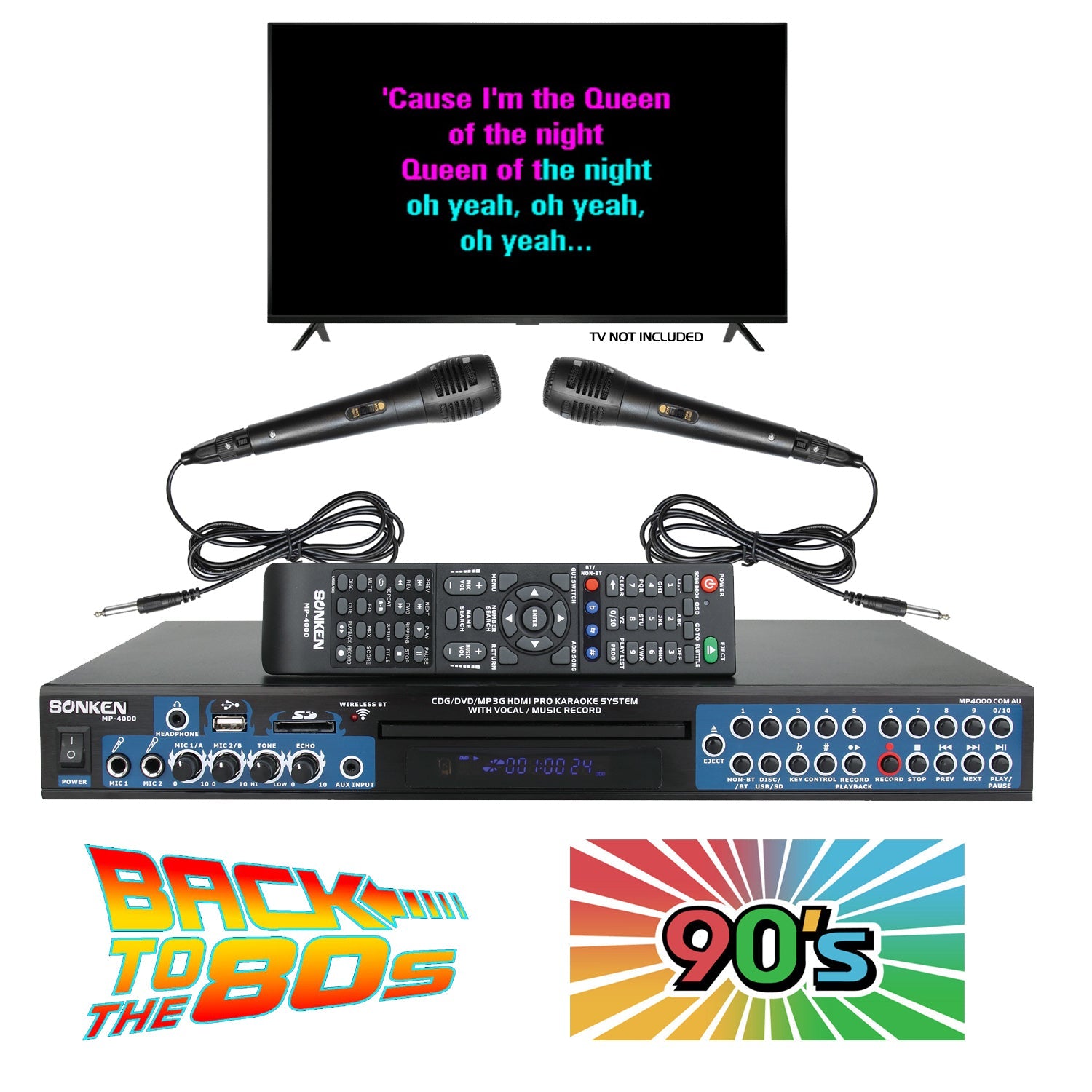 Sonken MP4000 Pro Karaoke Machine + 420 Songs from the 80's & 90's + 2 Wired Microphones - Karaoke Home Entertainment