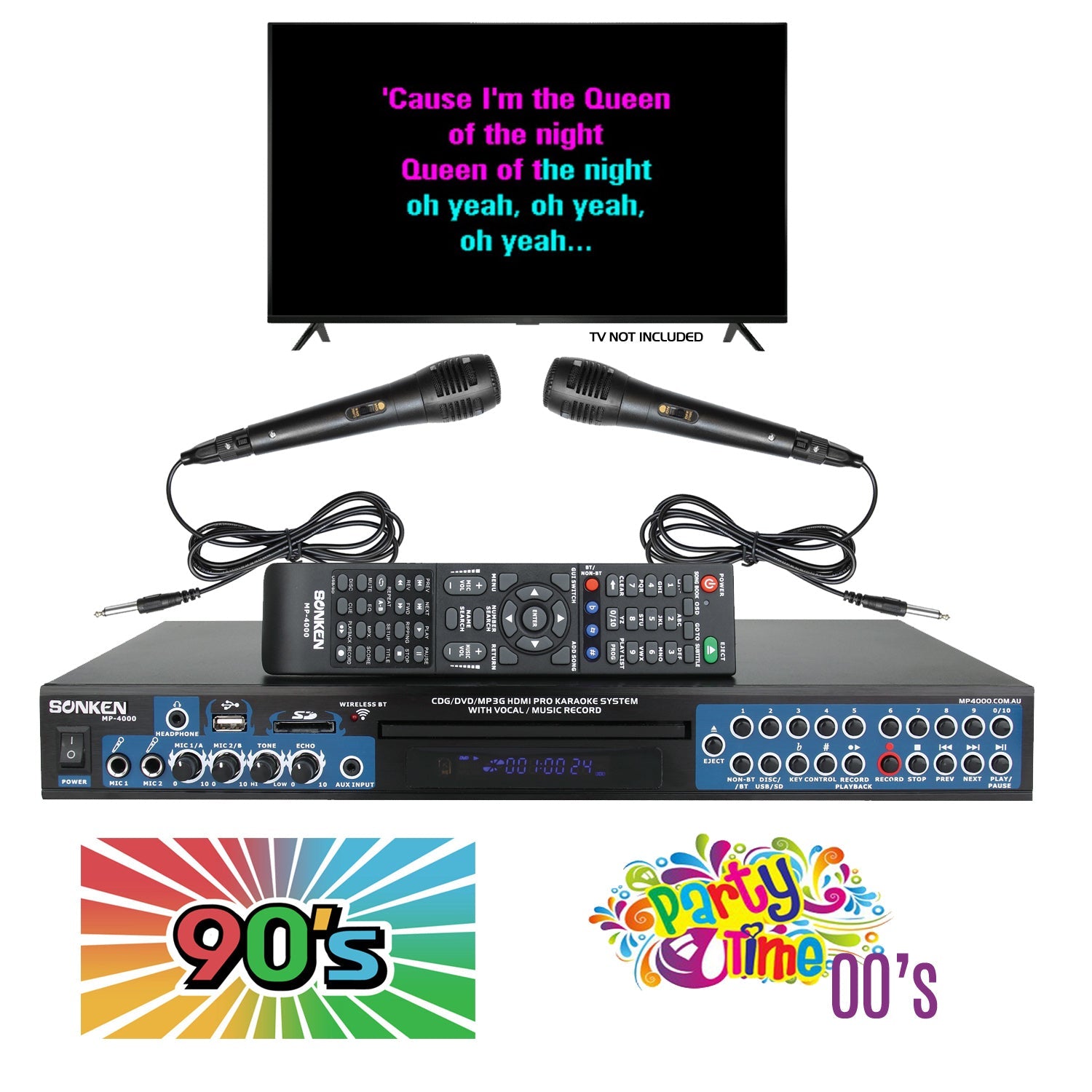 Sonken MP4000 Pro Karaoke Machine + 435 Songs from the 90's & 00's + 2 Wired Microphones - Karaoke Home Entertainment