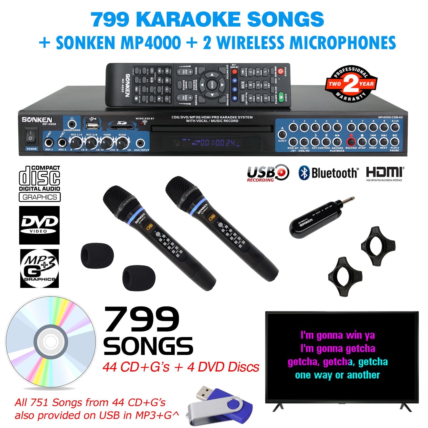 Sonken MP4000 Pro Karaoke Machine + 799 Songs + 2 Wireless Microphones - Karaoke Home Entertainment