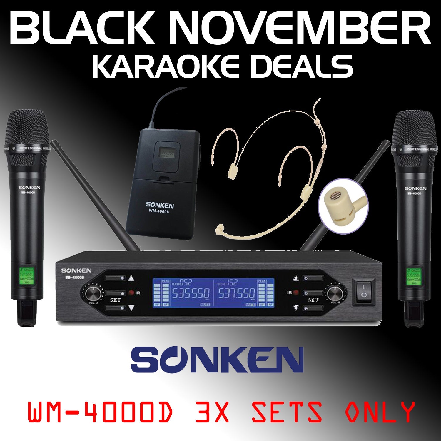 Sonken WM - 4000D + Body Pack Headset - PRO 200 Channel UHF Wireless Microphones (2) + Body Pack & Headset Microphone - Karaoke Home Entertainment