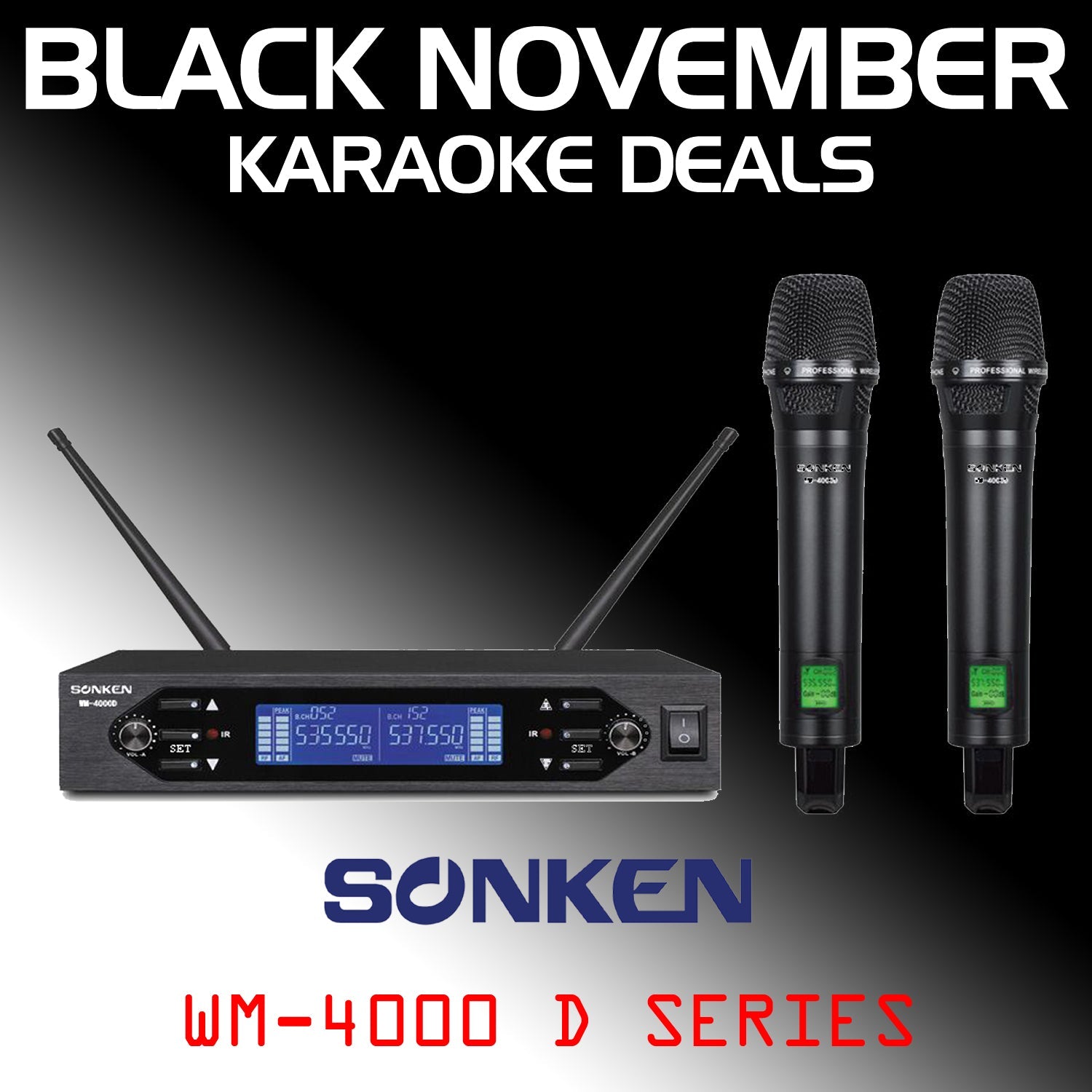 Sonken WM - 4000D - PRO 200 Channel UHF Wireless Microphones (2) and Receiver Unit - Karaoke Home Entertainment