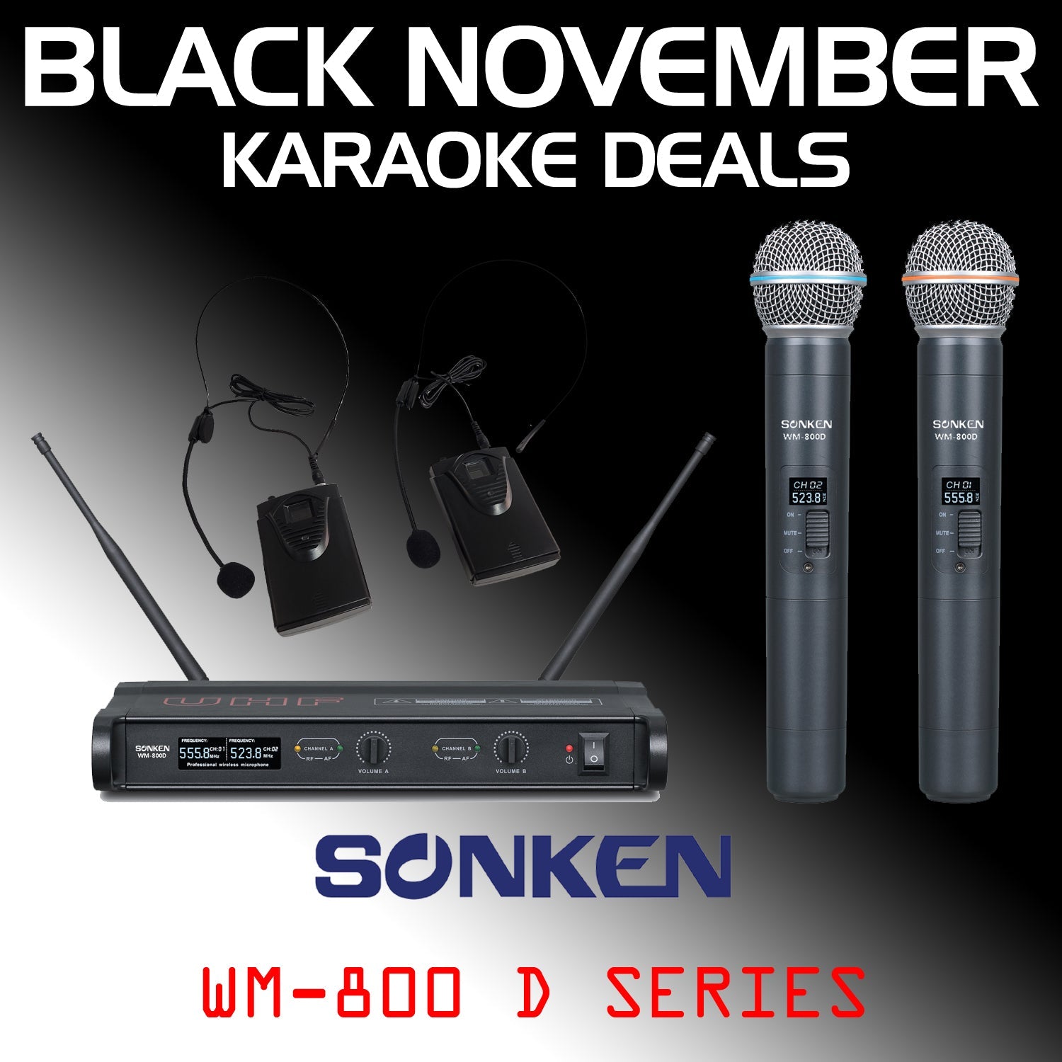 Sonken WM - 800D Pro UHF Wireless Microphones (2) and (2) Body Packs + Headsets with Receiver Unit - Karaoke Home Entertainment